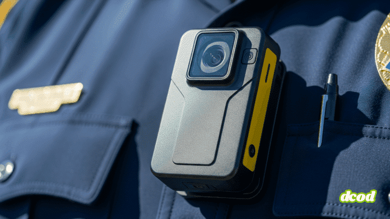 Gros plan hyper-réaliste d'une bodycam noire attachée à l'uniforme bleu d'un policier, mettant en évidence les détails de l'appareil.