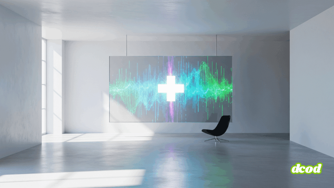 Illustration de la surveillance numérique en Suisse. Dans une pièce blanche, minimaliste et baignée de lumière, un grand écran suspendu affiche des ondes de données colorées avec une croix suisse blanche et épurée au centre