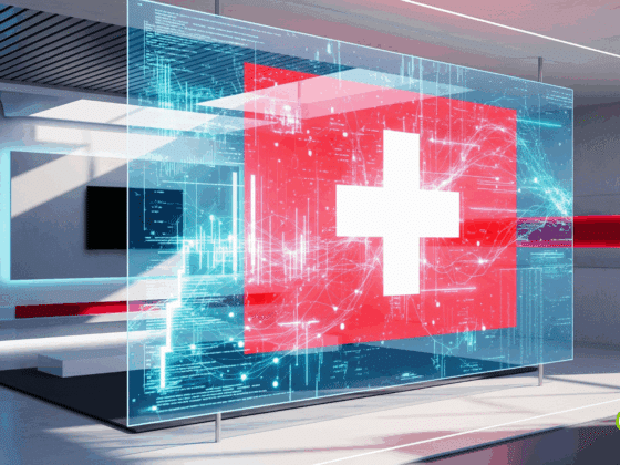 Image conceptuelle de la surveillance numérique en Suisse. Une salle technologique moderne et épurée met en scène un grand écran transparent où le drapeau suisse rouge à croix blanche est intégré au milieu de flux de données et de réseaux de connexions lumineuses