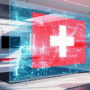 Image conceptuelle de la surveillance numérique en Suisse. Une salle technologique moderne et épurée met en scène un grand écran transparent où le drapeau suisse rouge à croix blanche est intégré au milieu de flux de données et de réseaux de connexions lumineuses