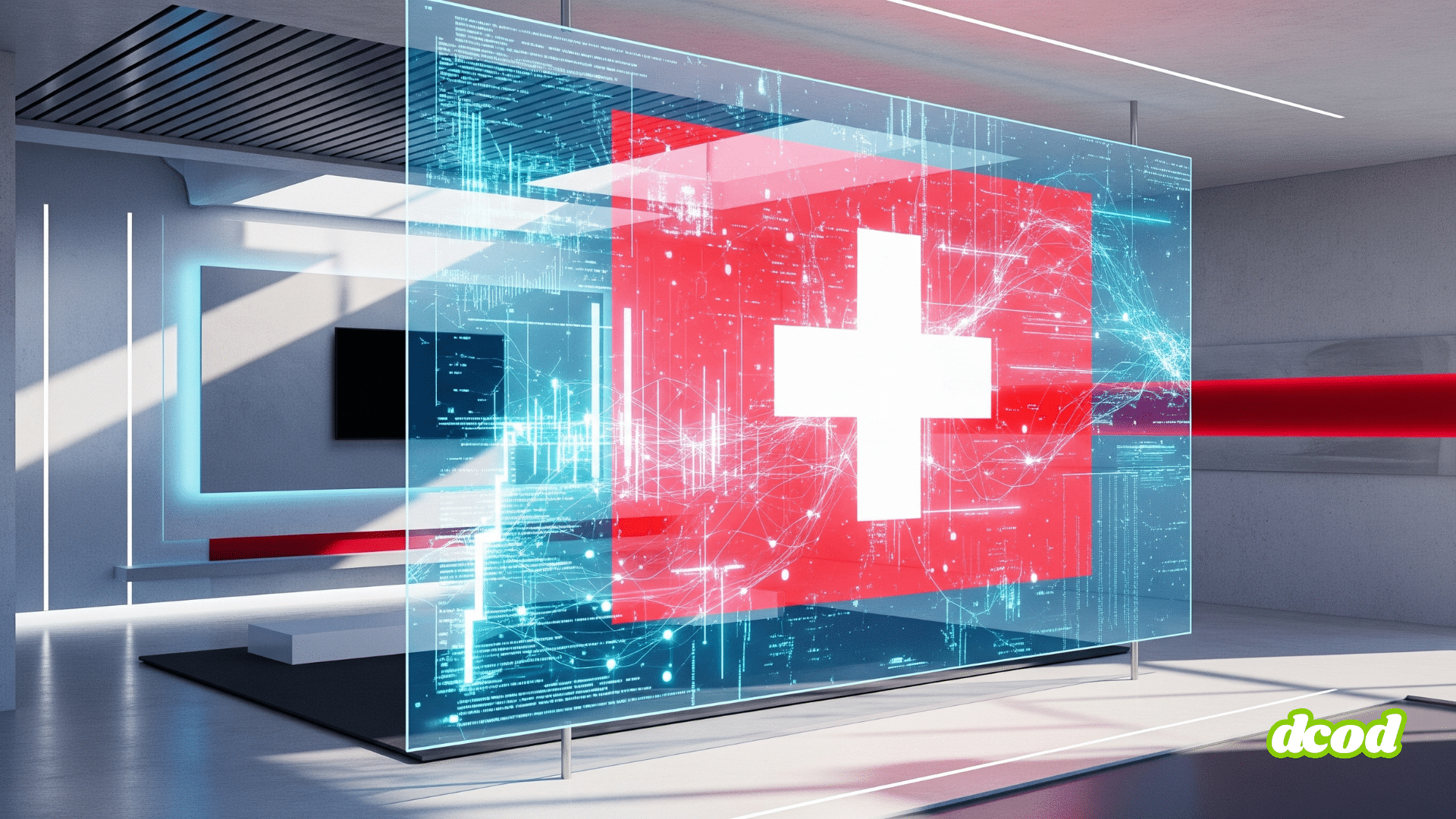 Image conceptuelle de la surveillance numérique en Suisse. Une salle technologique moderne et épurée met en scène un grand écran transparent où le drapeau suisse rouge à croix blanche est intégré au milieu de flux de données et de réseaux de connexions lumineuses