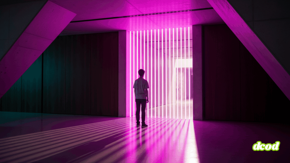 Dans un espace minimaliste en béton, un adolescent vu de dos fait face à un portail de lumière magenta. Les rayons lumineux projettent de longues ombres sur le sol poli, symbolisant un seuil ou une barrière numérique.