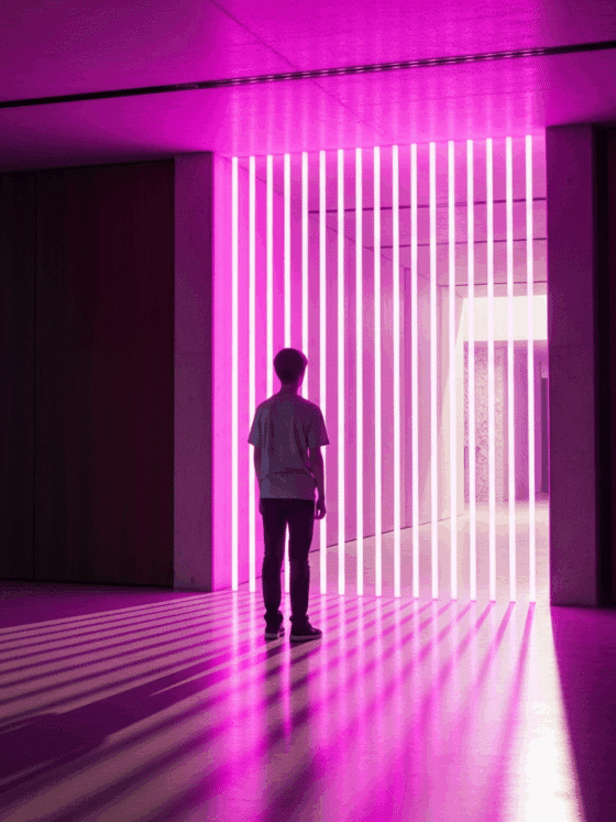 Dans un espace minimaliste en béton, un adolescent vu de dos fait face à un portail de lumière magenta. Les rayons lumineux projettent de longues ombres sur le sol poli, symbolisant un seuil ou une barrière numérique.