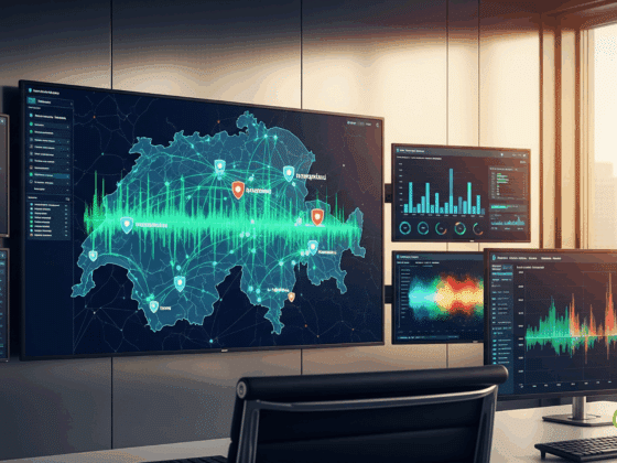 Tableau de bord de cybersécurité affichant un réseau hospitalier suisse sécurisé contre les cyberattaques