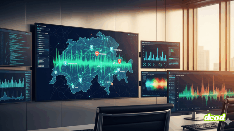 Tableau de bord de cybersécurité affichant un réseau hospitalier suisse sécurisé contre les cyberattaques
