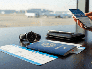 Photo hyper-réaliste de billets d'avion posés sur une table, dans une ambiance lumineuse et moderne