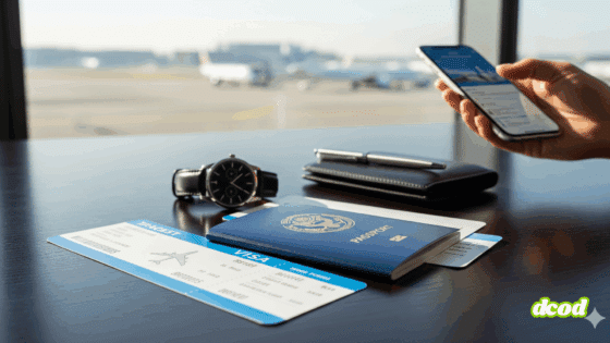 Photo hyper-réaliste de billets d'avion posés sur une table, dans une ambiance lumineuse et moderne