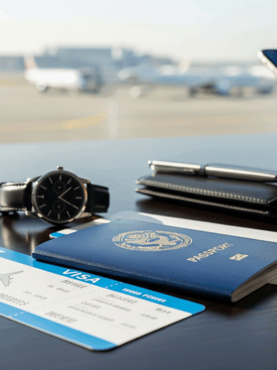 Photo hyper-réaliste de billets d'avion posés sur une table, dans une ambiance lumineuse et moderne