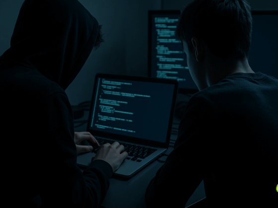 Bureau sombre avec deux jeunes sur ordinateur liés à une cyberattaque