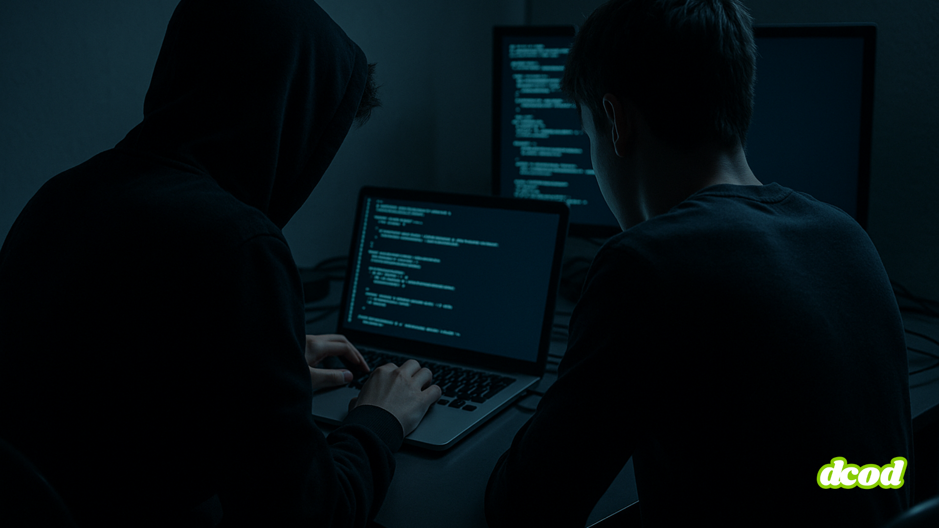 Bureau sombre avec deux jeunes sur ordinateur liés à une cyberattaque