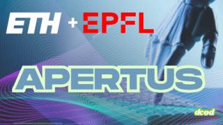 Affiche graphique pour le projet Apertus, en collaboration entre l'ETH Zürich et l'EPFL. En haut à gauche, les logos "ETH" (blanc) et "+ EPFL" (rouge). Au centre, le mot "APERTUS" en grand texte turquoise et blanc. À droite, une main robotique tape sur un clavier d'ordinateur portable. L'arrière-plan est un motif abstrait de lignes lumineuses violettes et bleues. Un petit logo "dcod" apparaît en bas à droite.