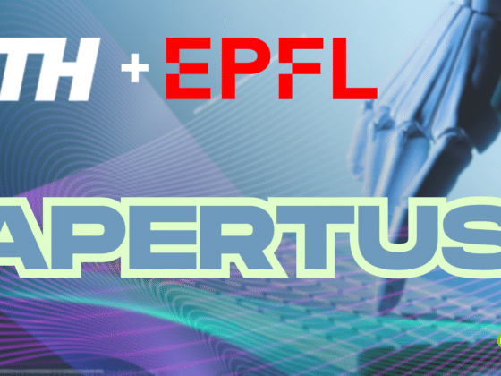 Affiche graphique pour le projet Apertus, en collaboration entre l'ETH Zürich et l'EPFL. En haut à gauche, les logos "ETH" (blanc) et "+ EPFL" (rouge). Au centre, le mot "APERTUS" en grand texte turquoise et blanc. À droite, une main robotique tape sur un clavier d'ordinateur portable. L'arrière-plan est un motif abstrait de lignes lumineuses violettes et bleues. Un petit logo "dcod" apparaît en bas à droite.