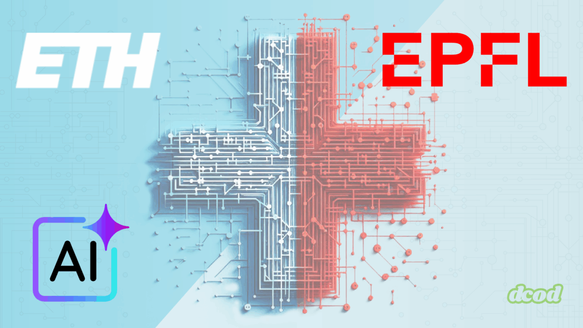 Illustration symbolisant une collaboration technologique entre l’EPFL et l’ETH Zurich, représentée par une croix suisse composée de circuits imprimés rouge et bleu, accompagnée d’une icône d’intelligence artificielle, sur fond numérique.