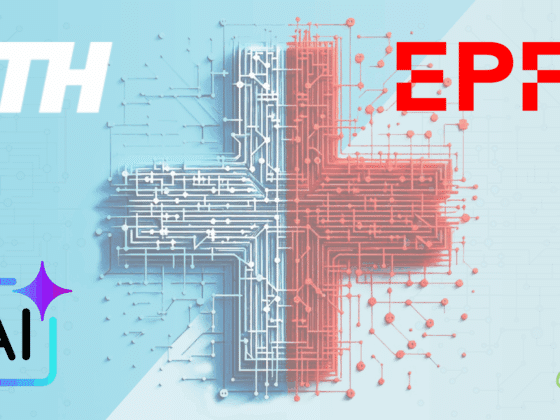 Illustration symbolisant une collaboration technologique entre l’EPFL et l’ETH Zurich, représentée par une croix suisse composée de circuits imprimés rouge et bleu, accompagnée d’une icône d’intelligence artificielle, sur fond numérique.