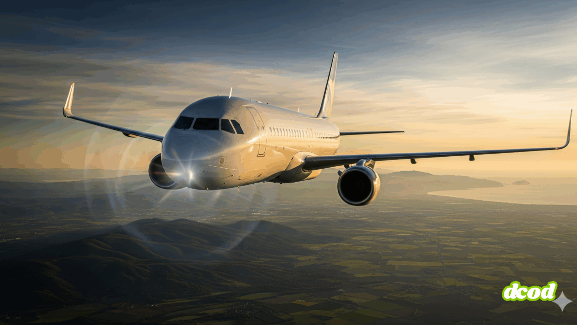 Photographie hyper-réaliste d'un avion de ligne survolant un paysage européen, avec un effet de signal brouillé visible autour de l'appareil