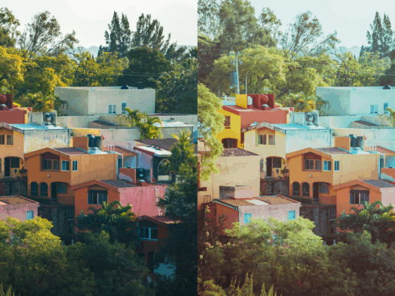 Comparaison côte à côte d’une même scène urbaine montrant des maisons colorées entourées d’arbres, à gauche avec un filtre chaud et à droite avec un filtre plus froid