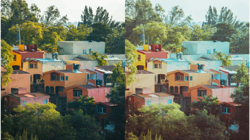 Comparaison côte à côte d’une même scène urbaine montrant des maisons colorées entourées d’arbres, à gauche avec un filtre chaud et à droite avec un filtre plus froid