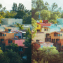 Comparaison côte à côte d’une même scène urbaine montrant des maisons colorées entourées d’arbres, à gauche avec un filtre chaud et à droite avec un filtre plus froid