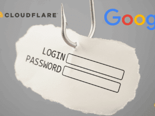 Image illustrant une tentative de phishing, avec un hameçon transperçant un papier affichant les champs "Login" et "Password", accompagné des logos de Cloudflare et Google, symbolisant les cibles potentielles des attaques.
