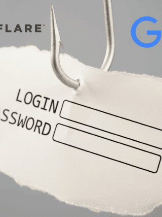 Image illustrant une tentative de phishing, avec un hameçon transperçant un papier affichant les champs "Login" et "Password", accompagné des logos de Cloudflare et Google, symbolisant les cibles potentielles des attaques.