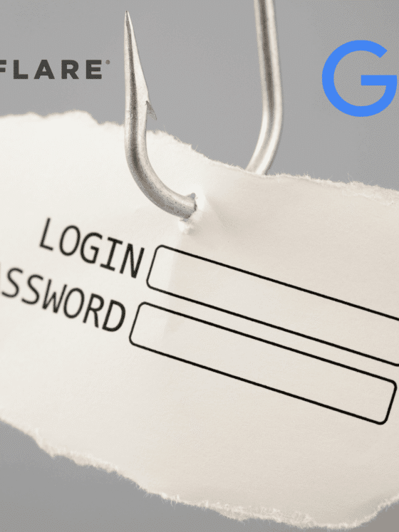 Image illustrant une tentative de phishing, avec un hameçon transperçant un papier affichant les champs "Login" et "Password", accompagné des logos de Cloudflare et Google, symbolisant les cibles potentielles des attaques.