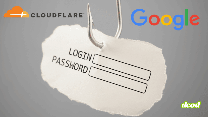 Image illustrant une tentative de phishing, avec un hameçon transperçant un papier affichant les champs "Login" et "Password", accompagné des logos de Cloudflare et Google, symbolisant les cibles potentielles des attaques.