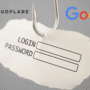 Image illustrant une tentative de phishing, avec un hameçon transperçant un papier affichant les champs "Login" et "Password", accompagné des logos de Cloudflare et Google, symbolisant les cibles potentielles des attaques.