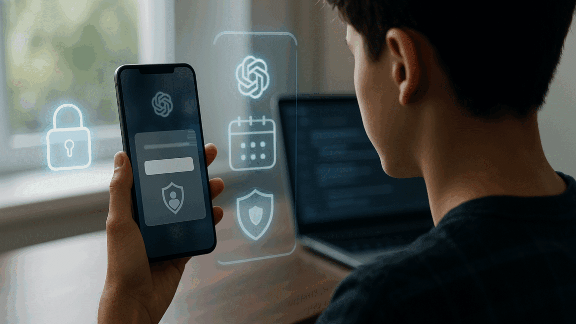 Ado de dos vérifiant son âge sur smartphone, icônes cadenas et bouclier