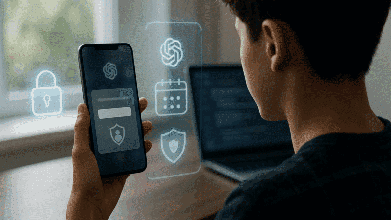 Ado de dos vérifiant son âge sur smartphone, icônes cadenas et bouclier