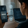 Ado de dos vérifiant son âge sur smartphone, icônes cadenas et bouclier