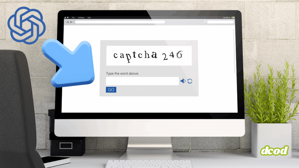Écran d’ordinateur affichant un formulaire de vérification CAPTCHA avec un champ de saisie, une icône audio et un bouton d’envoi, dans un environnement de bureau moderne.