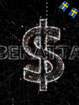 Illustration numérique représentant une cyberattaque à motivation financière : un grand symbole dollar scintillant au centre, avec le mot "CYBERATTACK" en arrière-plan et une guirlande de drapeaux suédois en haut à droite, sur fond de données numériques sombres.