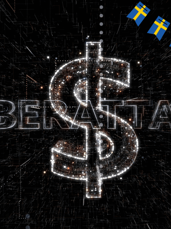 Illustration numérique représentant une cyberattaque à motivation financière : un grand symbole dollar scintillant au centre, avec le mot "CYBERATTACK" en arrière-plan et une guirlande de drapeaux suédois en haut à droite, sur fond de données numériques sombres.