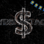 Illustration numérique représentant une cyberattaque à motivation financière : un grand symbole dollar scintillant au centre, avec le mot "CYBERATTACK" en arrière-plan et une guirlande de drapeaux suédois en haut à droite, sur fond de données numériques sombres.