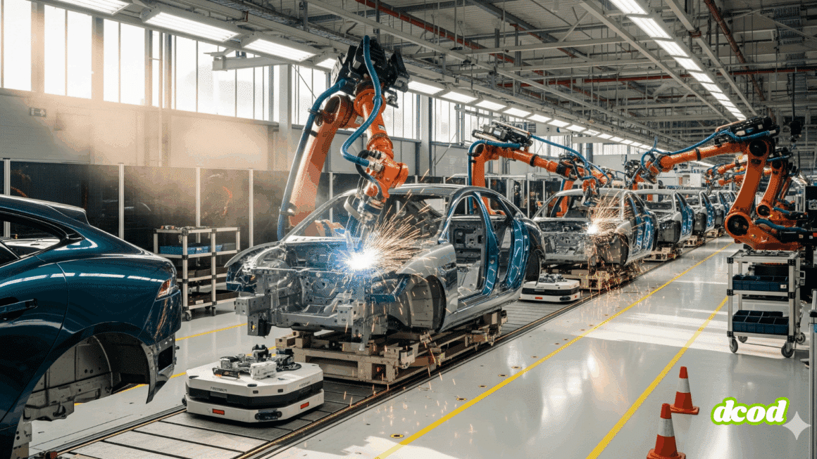 Photographie hyper-réaliste d'un bras robotisé assemblant une voiture dans une usine moderne