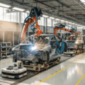 Photographie hyper-réaliste d'un bras robotisé assemblant une voiture dans une usine moderne