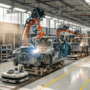 Photographie hyper-réaliste d'un bras robotisé assemblant une voiture dans une usine moderne