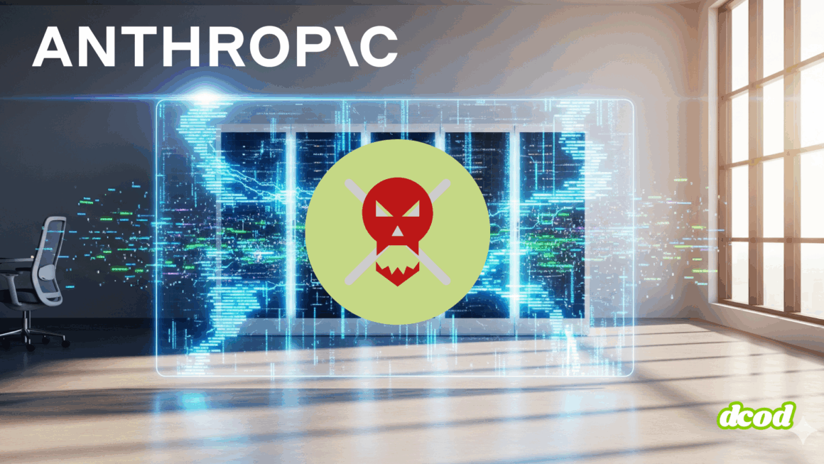 Illustration d'une alerte de cybersécurité affichée sur un écran virtuel transparent dans un bureau moderne, avec un symbole de danger rouge (tête de mort stylisée) au centre, représentant une attaque informatique potentielle sur les serveurs de l’entreprise Anthropic. Logo "dcod" en bas à droite.