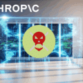 Illustration d'une alerte de cybersécurité affichée sur un écran virtuel transparent dans un bureau moderne, avec un symbole de danger rouge (tête de mort stylisée) au centre, représentant une attaque informatique potentielle sur les serveurs de l’entreprise Anthropic. Logo "dcod" en bas à droite.