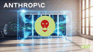 Illustration d'une alerte de cybersécurité affichée sur un écran virtuel transparent dans un bureau moderne, avec un symbole de danger rouge (tête de mort stylisée) au centre, représentant une attaque informatique potentielle sur les serveurs de l’entreprise Anthropic. Logo "dcod" en bas à droite.