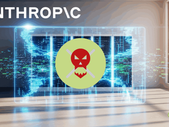 Illustration d'une alerte de cybersécurité affichée sur un écran virtuel transparent dans un bureau moderne, avec un symbole de danger rouge (tête de mort stylisée) au centre, représentant une attaque informatique potentielle sur les serveurs de l’entreprise Anthropic. Logo "dcod" en bas à droite.