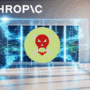 Illustration d'une alerte de cybersécurité affichée sur un écran virtuel transparent dans un bureau moderne, avec un symbole de danger rouge (tête de mort stylisée) au centre, représentant une attaque informatique potentielle sur les serveurs de l’entreprise Anthropic. Logo "dcod" en bas à droite.