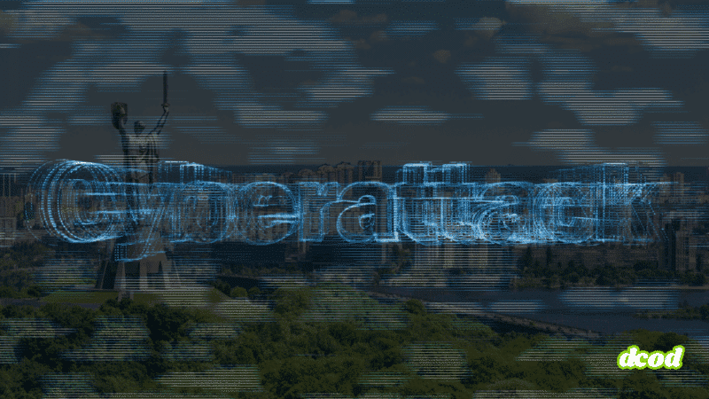 Texte « Cyberattack » en lettres numériques bleutées avec effet de distorsion, superposé à une vue aérienne de Kyiv avec la statue de la Mère Patrie au premier plan, symbolisant une cyberattaque ciblant une ville ou une infrastructure nationale.
