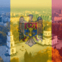Photographie aérienne de la ville de Chișinău, capitale de la Moldavie, montrant la Cathédrale de la Nativité et son clocher au centre d’un parc, avec en surimpression le drapeau tricolore bleu, jaune et rouge de la Moldavie et son blason au centre.