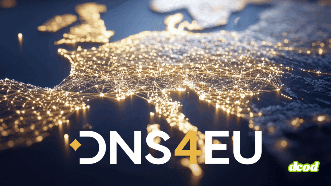 Carte stylisée de l’Europe illuminée par un réseau de points interconnectés, illustrant l’infrastructure numérique du projet DNS4EU, une initiative européenne pour un service DNS sécurisé et souverain.