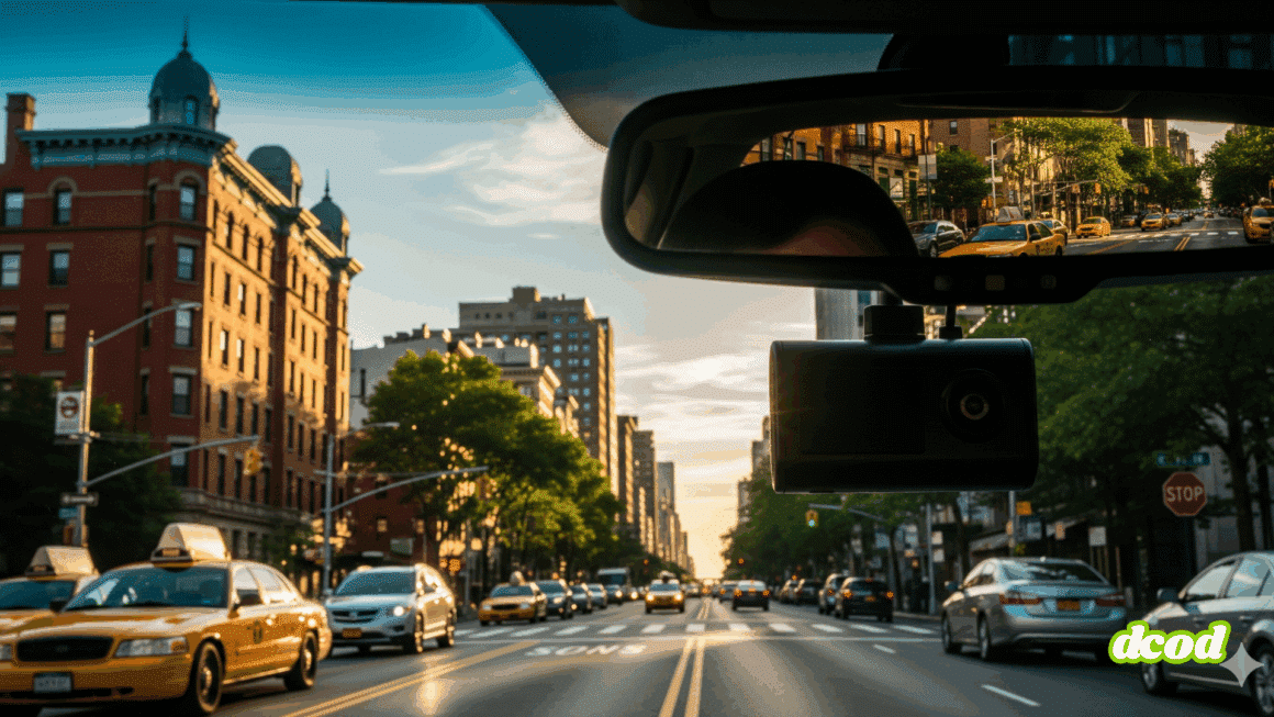 Image hyper-réaliste d'une dashcam fixée au pare-brise d'une voiture, filmant une avenue bordée de gratte-ciels sous une lumière vive
