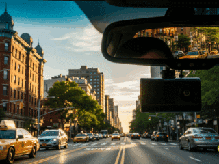 Image hyper-réaliste d'une dashcam fixée au pare-brise d'une voiture, filmant une avenue bordée de gratte-ciels sous une lumière vive
