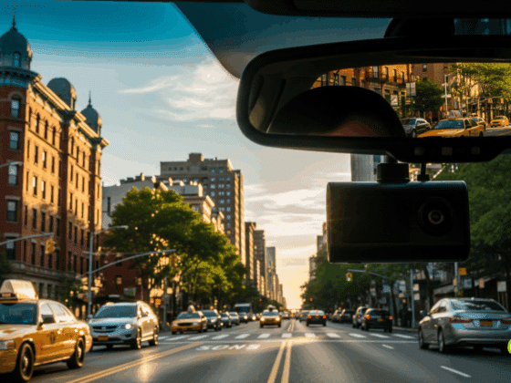 Image hyper-réaliste d'une dashcam fixée au pare-brise d'une voiture, filmant une avenue bordée de gratte-ciels sous une lumière vive