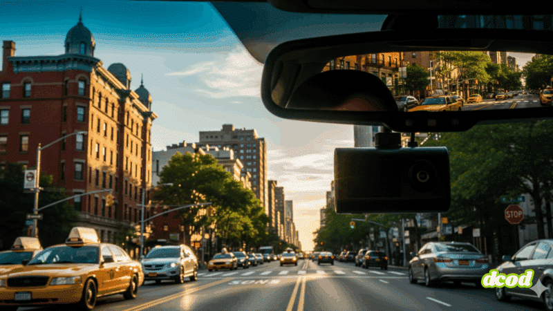 Image hyper-réaliste d'une dashcam fixée au pare-brise d'une voiture, filmant une avenue bordée de gratte-ciels sous une lumière vive