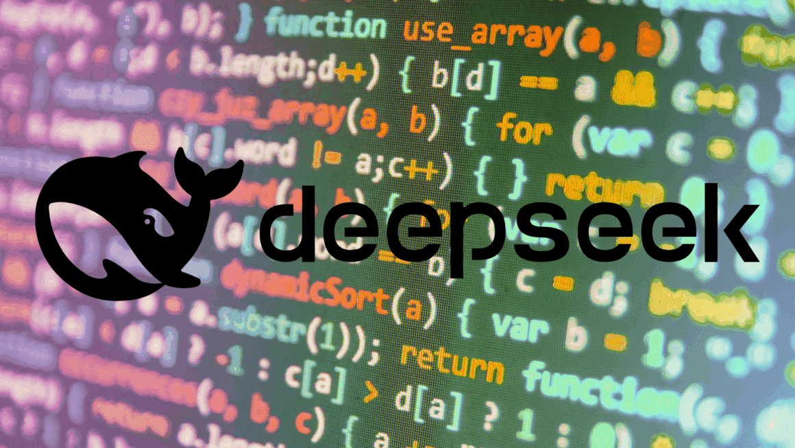 Logo de la société DeepSeek représentant une baleine stylisée noire, superposé à un écran affichant du code source multicolore en langage JavaScript
